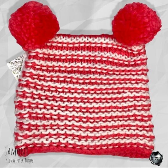 KIDS DOUBLE-POM NORDIC BEANIE IN RED-ORANGE & WHITE STRIPE WINTER SKI HAT YOUTH - Picture 2 of 3